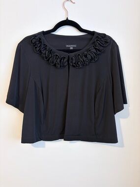 True Envy Black Ruffle Neck Open Front Top 16W Career Stretch